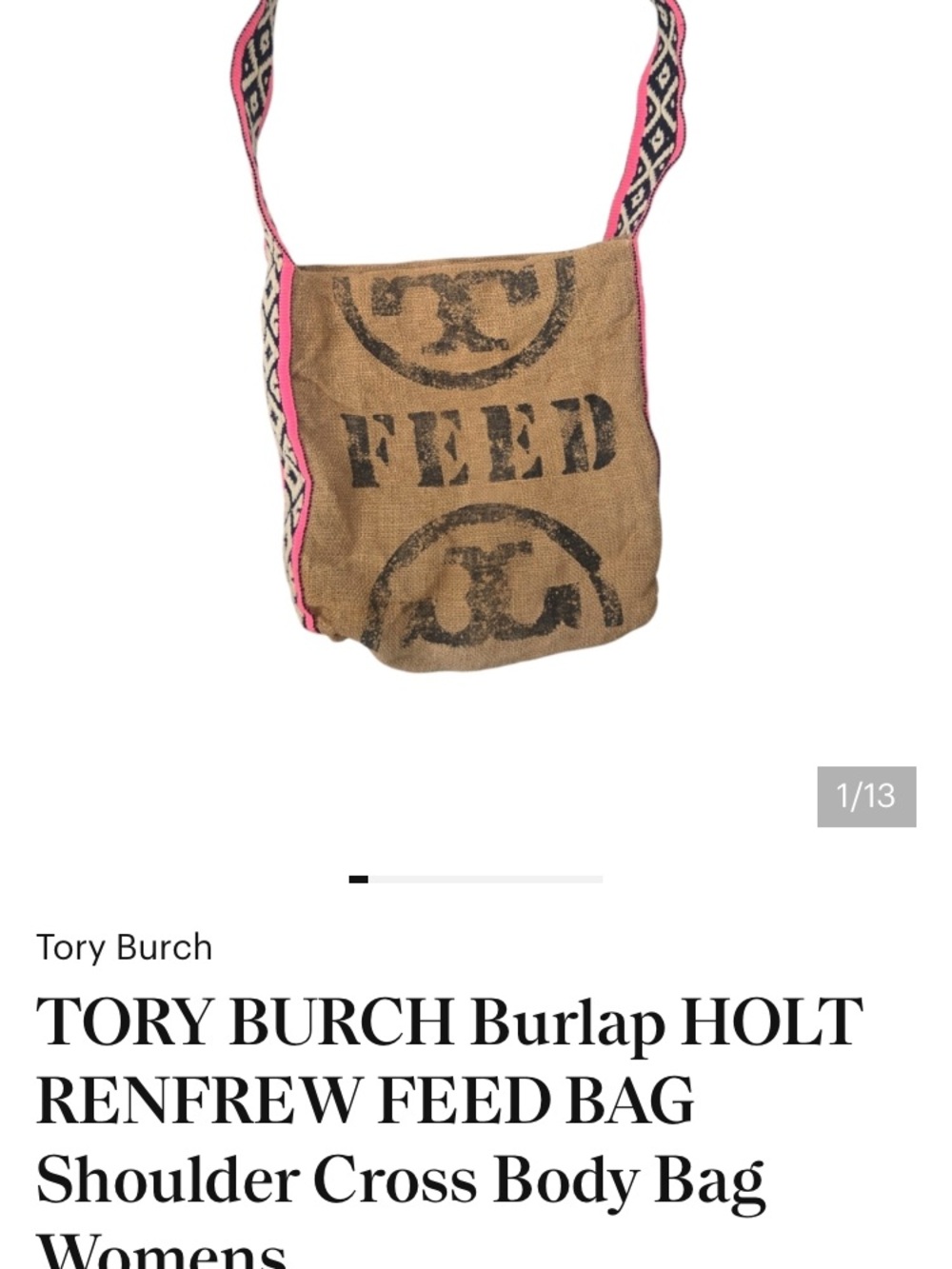 Tory Burch Burlap Feed Crossbody Bag with Pink Trim